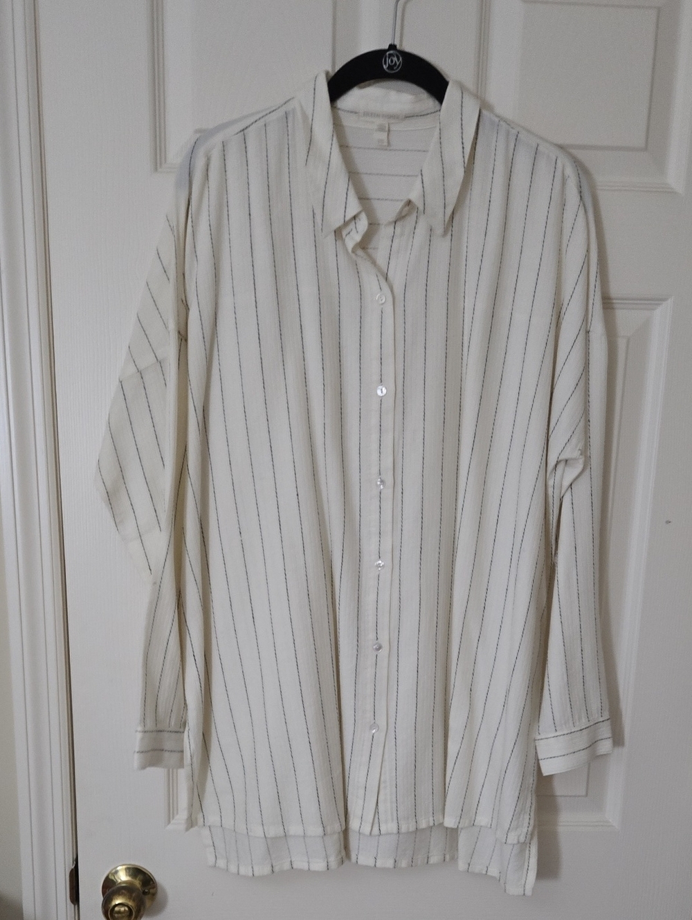 Eileen Fisher Cream Button-Down with Thin Black Pinstripes